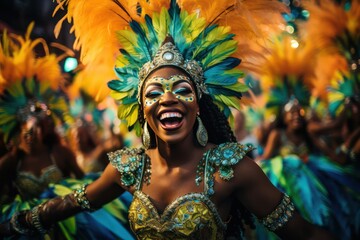 beautiful woman dressed in costume with colorful feathers and makeup at Brazil carnival closeup portrait. Non western culture celebration. 