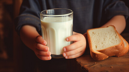close-up of a child's hand holding a glass of milk and bread on the table.Generative AI