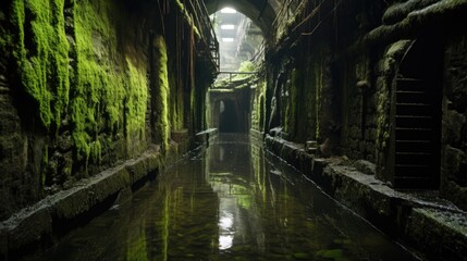 A narrow alley with moss covered walls and water, AI