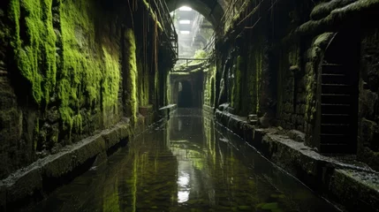 Rideaux occultants Ruelle étroite A narrow alley with moss covered walls and water, AI