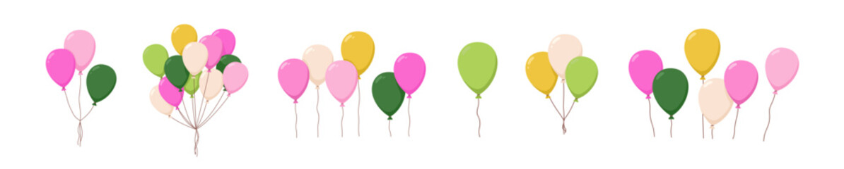 Balloons flying up. Air baloons groups, festive decorations floating. Decorative helium ballons bunches on strings. Birthday party decor. Flat vector illustrations isolated on white background © Good Studio