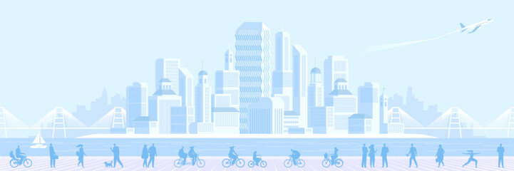 Fototapeta premium Daytime cityscape background. Monochrome urban landscape with clouds in the sky. Buildings and bridge at city view. Concept city and suburban life. Modern architectural flat style vector illustration