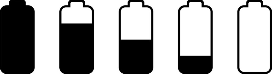 Full or High or Empty Low Battery Power Load Black and White Symbol Sign Icon Set. Vector Image.