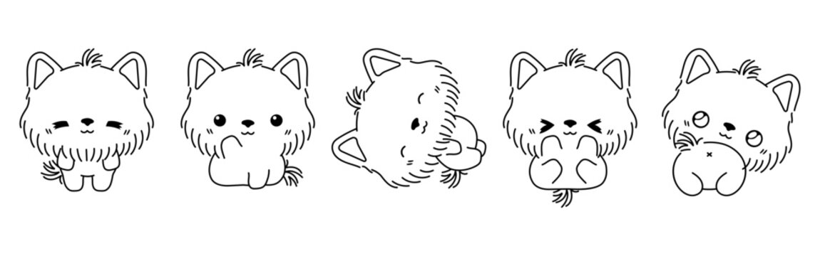 Collection of Vector Cartoon Yorkshire Terrier Puppy Coloring Page. Set of Kawaii Isolated Baby Dog Outline for Stickers, Baby Shower, Coloring Book, Prints for Clothes