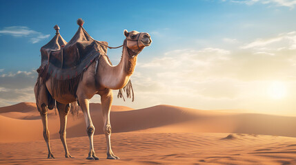 A camel with a safari saddle against the backdrop of desert sand dunes