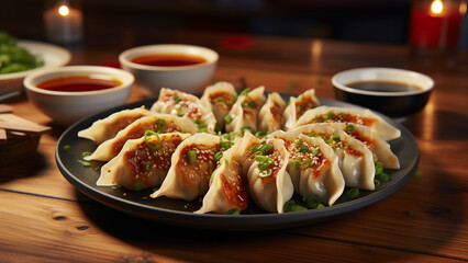 Japanese fried dumplings with greens and bowls of soy sauce on a wooden table