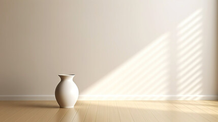 Fototapeta na wymiar White empty room with vase for flowers, light background with shadows, sunlight Minimalistic concept. Generative AI