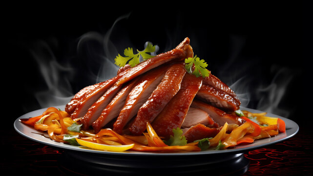 Yummy roasted duck cut into bite-sized pieces with vegetables and herbs and rising smoke on a black background.
