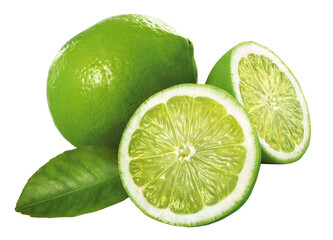 composição de limão verde inteiro e limão verde cortado acompanhado de folha de limoeiro isolado em fundo transparente - obrazy, fototapety, plakaty
