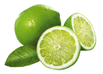 composição de limão verde inteiro e limão verde cortado acompanhado de folha de limoeiro isolado em fundo transparente