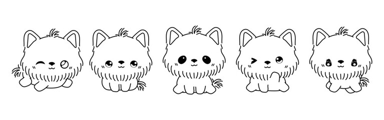 Set of Vector Cartoon Baby Animal Coloring Page. Collection of Kawaii Isolated Yorkshire Terrier Dog Outline for Stickers, Baby Shower, Coloring Book, Prints for Clothes