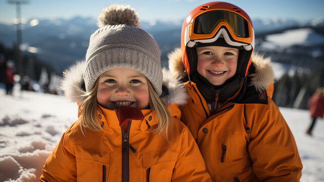 Portrait of happy children in winter clothes with ski goggles and helmet