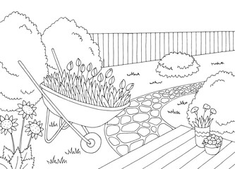 Wheelbarrow with flower in the garden graphic black white sketch illustration vector