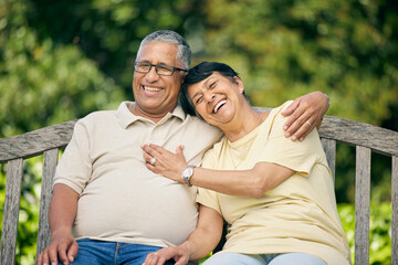 Obraz premium Park, hug and senior couple with love, smile and retirement with quality time, happiness and marriage. Romance, happy elderly woman and old man outdoor, embrace and affection with a relationship