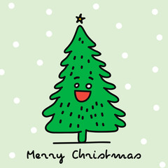 Merry Xmas greeting card with smiling cartoon Christmas tree. Flat design in doodle style. Festive square banner template. Vector illustration