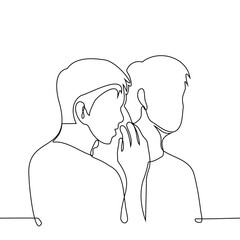 man whispers something in a another's man ear, hiding behind his palm - one line art vector. concept whisper, keep secrets
