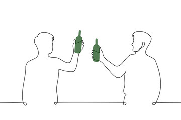 men clinking bottles - one line art vector. concept having a drink with a colleague, dating and drinking