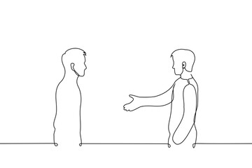 men stand opposite each other. one man extends his hand to another - one line art vector. concept reconcile first, go to a truce, agreement, acquaintance