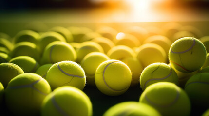 Closeup of a plenty of tennis balls on an empty tennis court, the sunshine. Sports lifestyle concept. Generative AI - obrazy, fototapety, plakaty
