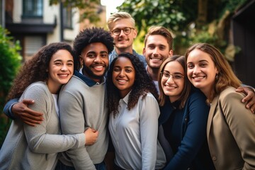 Obraz premium Multiethnic group of friends standing together outdoors, looking at camera.