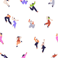 Happy characters, seamless pattern. Young people jumping from joy and fun, celebrating. Excited men, women exulting. Repeating print, endless background. Colored flat graphic vector illustration