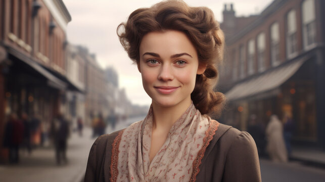 Victorian Grace: Portrait of a 19th Century Young British Lady on a City Street of Britain.