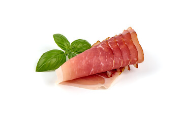 Spanish jamon iberico slices (serrano ham), isolated on white background.