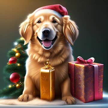golden retriever with christmas gift