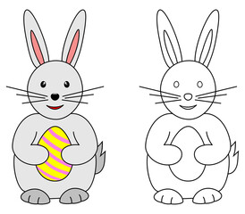 Easter rabbit holding egg. Colored and outline illustration. Coloring book page for children. Game for kids.
