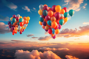 Obraz premium Colorful Celebration in the Blue Sky: Large Group of Helium Balloons in Mid-Air