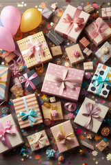 Fototapeta na wymiar gift boxes and party confetti laid on floor