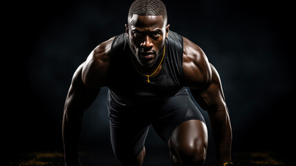 Fototapeta na wymiar African american athlete ready to run on dark background with copy space