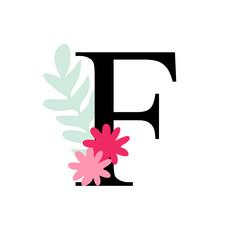 Floral alphabet, letter F with flowers and leaf. For invitations, greeting card, logo, poster and other design.	
