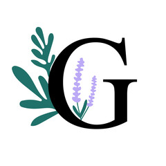 Floral alphabet, letter G with flowers and leaf. For invitations, greeting card, logo, poster and other design.	
