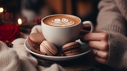 Hands holding coffee treats and flavors on wooden provincial foundation. in vogue winter level lay. space for content. cozy temperament harvest time. regular occasions concept
