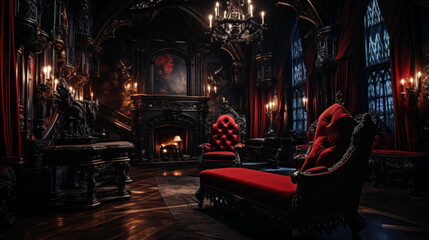 Vampire Dracula castle interior Victorian red furniture