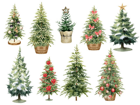 Christmas Tree set. Watercolor painted illustration.  Decorated with baubles and lights garland. Modern graphic for holiday cards and invitations. Isolated on transparent background PNG