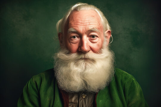 Generative AI image of portrait of thoughtful bearded senior male with gray hair and mustache looking at camera while standing against green background in light - Powered by Adobe