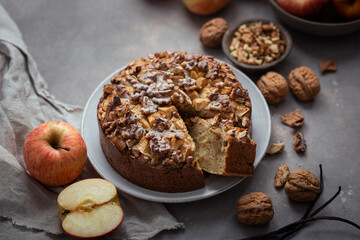 Obraz na płótnie Canvas gâteau moelleux aux pommes et noix, goûter fait maison