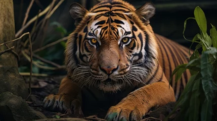 Fotobehang Near up confront tiger confined on dark foundation © Elchin Abilov