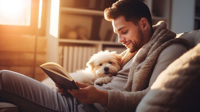 Man perusing book on the cozy love seat close slipping his beagle puppy on sheepskin in cozy domestic air. Quiet minutes of cozy domestic concept picture