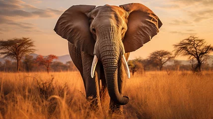 Zelfklevend Fotobehang Lovely shot of an african elephant within the savanna field © Elchin Abilov