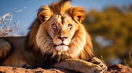 Fototapeta premium Lion male having a rest lying on the mountain