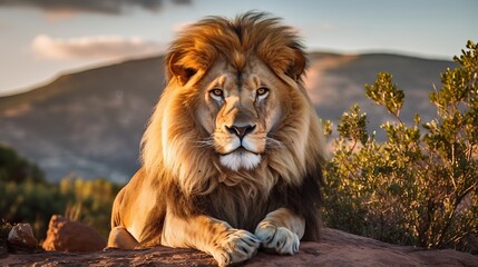 Obraz premium Lion male having a rest lying on the mountain