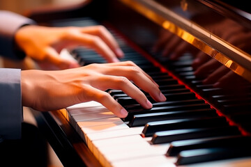 Obraz premium Hands playing the Piano. Close up. Concept of playing music and learning to play the piano. Shallow field of view.