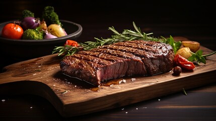 Succulent steak medium uncommon meat with flavors and barbecued vegetables.