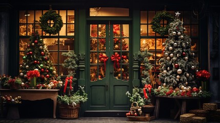 Fototapeta na wymiar Show of a Christmas tree in a shop entrance