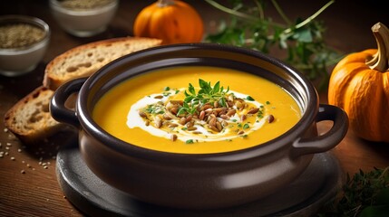 Scrumptious cream of pumpkin soup with broiled forcemeat made of meat minced meat in a bowl on a dim table. thanksgiving day. beat see, overhead
