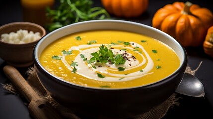 Scrumptious cream of pumpkin soup with broiled forcemeat made of meat minced meat in a bowl on a dim table. thanksgiving day. beat see, overhead