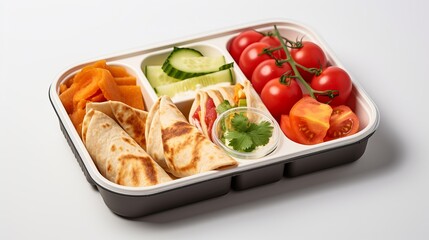 School lunchbox. sound lunch box with tortilla wraps, tomatoes, banana, pear and yogurt.